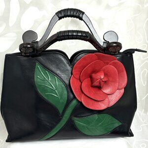 Realor Faux Leather Boho Blk Purse with Giant Rose